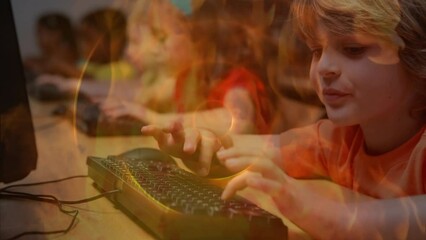 Poster - Animation of smoke and circles over happy caucasian boy using computer