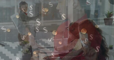 Poster - Animation of dollars and bitcoins over caucasian children playing school