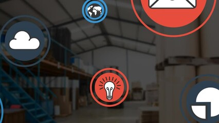 Poster - Animation of tech icons floating over warehouse