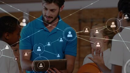 Poster - Animation of connections over caucasian male teacher with tablet and class of diverse pupils