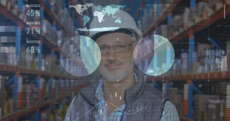 Poster - Animation of financial graphs and data over caucasian senior male warehouse worker
