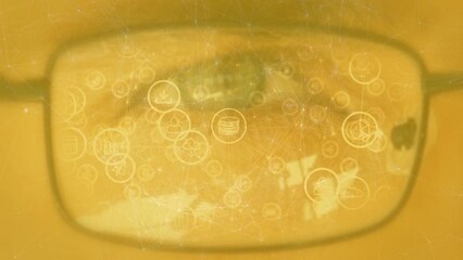 Poster - Animation of connections and icons over eye of caucasian man in glasses