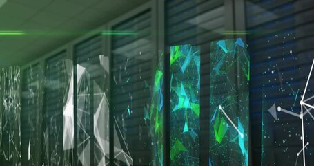 Poster - Animation of shapes and connections moving over servers