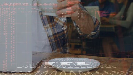 Poster - Animation of data processing over hands of caucasian man with coffee using laptop