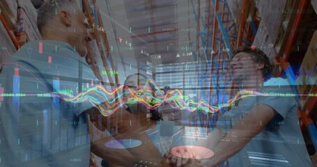 Poster - Animation of financial graphs and data over diverse female and male warehouse workers
