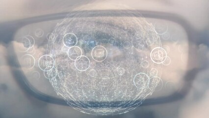Aufkleber - Animation of connections and globe over eye of caucasian man in glasses