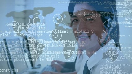 Poster - Data processing and pulsating circles over asian male customer care executive working at office