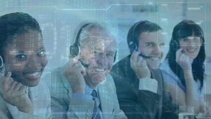 Poster - Binary coding data processing against team of customer care executives working at office