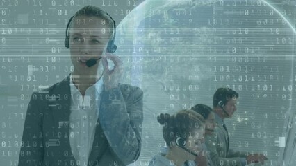 Poster - Binary coding data processing over caucasian female customer care executive talking on phone headset