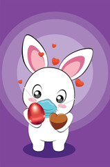 Wall Mural - White Bunny in mask with Easter eggs card