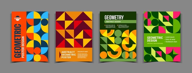 Poster - Abstract geometric posters. Minimal design pattern background with graphic texture and modern lines with Bauhaus retro triangles. Contemporary vertical mosaic banners vector trendy set
