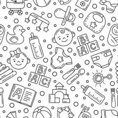 Baby doodle seamless pattern. Sketch black icons, kids accessories on white background, cute ornaments, clothing and textile design. Abstract texture, wrapping paper, vector print or fabric