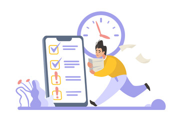 Poster - Planning schedule scene. Time management concept. Goals organizing. Tasks priority and daytime routine. Smartphone to do list. Harrying man with papers stack. Vector mobile planner