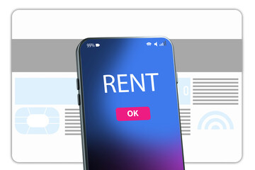 Poster - Payment of rent using a smartphone. A payment application in a smartphone. A mobile phone with the inscription Rent on the screen. Smartphone on the background of a bank card. 3d image.