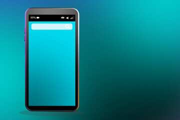 Poster - Smartphone mock-up on turquoise background. Mobile phone next to place for text. Electronic gadget. Smartphone with blank screen. Realistic smartphone on blue background. Phone 3d rendering.