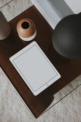 Wall Mural - Flatlay of blank clipping path screen tablet pad. Elegant decorated coffee table. Lady, girl boss business, work, blog template with mockup space. Flat lay, top view