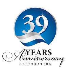 Wall Mural - Anniversary 39 years celebration logo silver white blue ribbon background