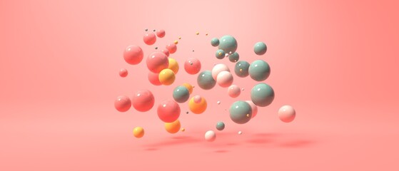 Poster - Scattered floating colored spheres on a vibrant background - 3D render