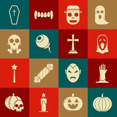 Canvas Print - Set Pumpkin, Zombie hand, Funny scary ghost mask for Halloween, Eye, Skull on crossbones, Coffin with christian and Tombstone icon. Vector