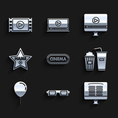 Poster - Set Cinema poster design template, Buy ticket online, Popcorn and soda drink, Balloon with ribbon, Hollywood walk of fame star celebrity boulevard, Online play video and Play Video icon. Vector