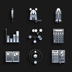 Poster - Set Molecule, Solar system, Notebook, Calculator, Open, Pie chart infographic, Space shuttle and rockets and Syringe icon. Vector