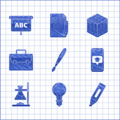 Sticker - Set Paint brush, Light bulb with concept of idea, Marker pen, Graduation cap screen smartphone, Glass test tube flask fire, Briefcase, Rubik cube and Chalkboard icon. Vector