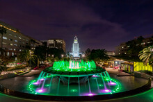 Night View Of Los Angeles City Hall And Arthur J. Will Memorial Fountain