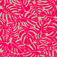 Wall Mural - Psychedelic palm leaves seamless repeat pattern. Random placed, vector botany all over surface print on green background.