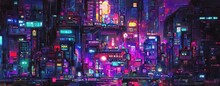 Cyberpunk Neon City Night. Futuristic City Scene In A Style Of Pixel Art. 80's Wallpaper. Retro Future 3D Illustration. Urban Scene.
