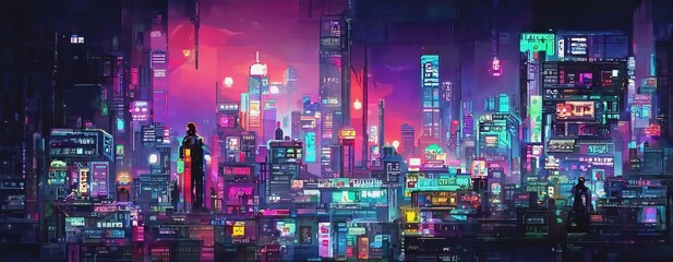 Wall Mural - Cyberpunk neon city night. Futuristic city scene in a style of pixel art. 80's wallpaper. Retro future 3D illustration. Urban scene.
