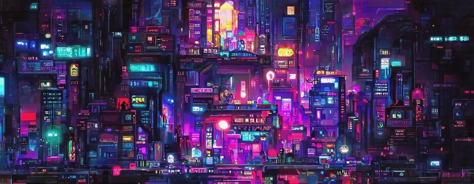 cyberpunk neon city night. futuristic city scene in a style of pixel art. 80's wallpaper. retro futu