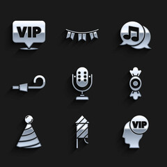 Sticker - Set Microphone, Firework rocket, Vip inside head, Candy, Party hat, Birthday party horn, Musical note speech bubble and Location icon. Vector