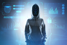 Anonymous Access And Face Recognition Concept With Digital Safety System Interface And Faceless Person In Hoody, Double Exposure