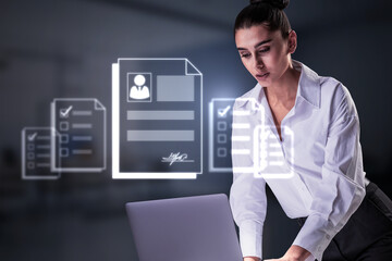 Poster - Human resource information system and talent marketplace concept with young HR manager using laptop and digital resume on virtual screen