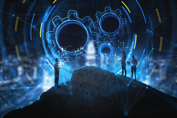 Aufkleber - Abstract businesspeople on mountain using laptops with creative glowing blue hud gear mechanism hologram on blurry background. Industrial, teamwork and technology concept. Double exposure.