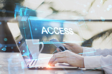Poster - Cyber security and personal data protection concept with digital white glowing access sign in virtual frame on man hands with smartphone and laptop background, double exposure