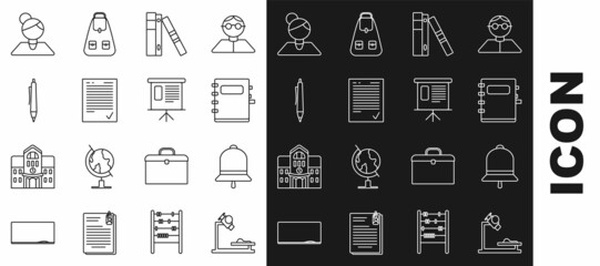 Poster - Set line Microscope, Office folders with papers and documents, Exam sheet check mark, Pen, Teacher and Presentation financial board graph, schedule, chart, diagram, infographic, pie graph icon. Vector