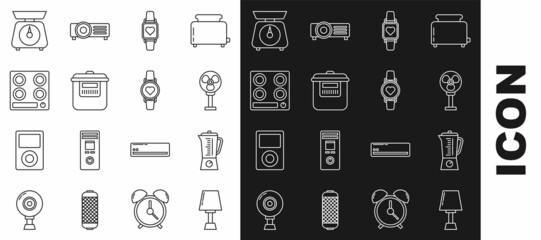 Poster - Set line Table lamp, Blender, Electric fan, Smart watch showing heart beat rate, Slow cooker, Gas stove, Scales and icon. Vector