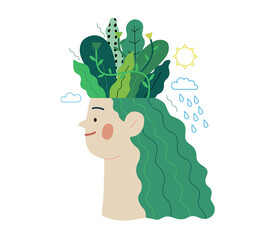 Ecology - Think green -Modern flat vector concept illustration of a young woman's head planted with trees and flowers, a metaphor of sustainable thinking. Creative landing web page illustartion