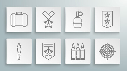 Sticker - Set line Military knife, reward medal, Chevron, Bullet, Target sport for shooting competition, Hand grenade, and ammunition box icon. Vector