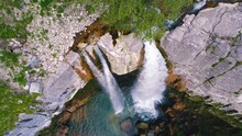 Birds Eye View Of Two Marvelous Waterfalls On Cliff. High Quality Photo