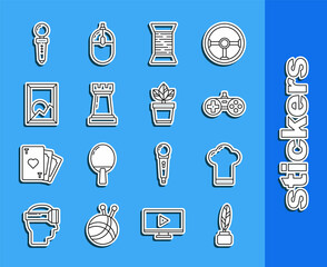 Wall Mural - Set line Feather and inkwell, Chef hat, Gamepad, Sewing thread on spool, Chess symbol, Picture landscape, Joystick for arcade machine and Flowers pot icon. Vector