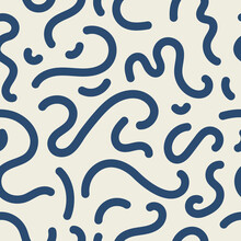 Blue Squiggle Seamless Vector Pattern. Navy Color Squiggly Lines On An Off White Background. Cool, Fun, Creative, Abstract Wavy Lines. Simple, Minimal, Repeat Backdrop Texture. 