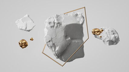 3d render, abstract white background with levitating chalk stones rocks and golden geometric frame, aesthetic minimalist wallpaper