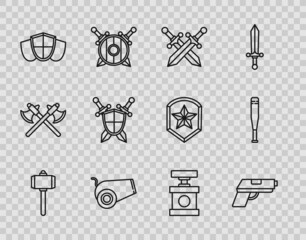 Set line Battle hammer, Pistol or gun, Crossed medieval sword, Cannon, Shield, Medieval shield with crossed swords, Handle detonator for dynamite and Baseball bat icon. Vector