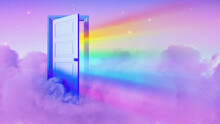 3d Render, Abstract Magical Background, Bright Colorful Rainbow Reveals Through The Opened Door In The Sky With Fluffy Clouds And Sparkling Stars