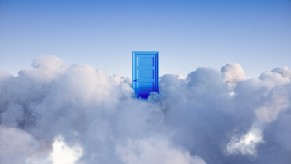 3d render, abstract background, blue closed door in the sky with white clouds, heaven afterlife conc