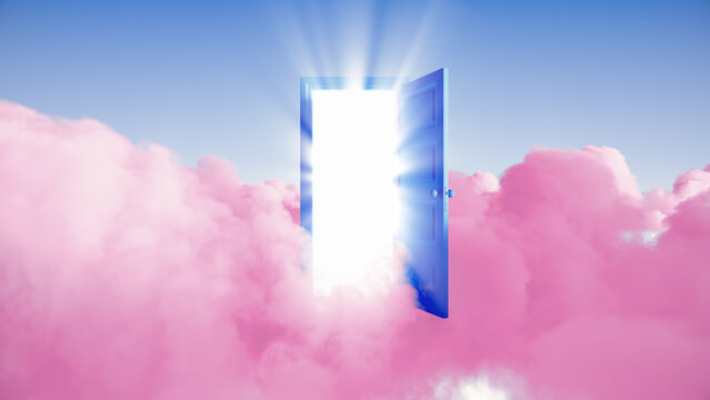 3d render, abstract magical background, bright light shining through the opened blue door in the sky with pink clouds
