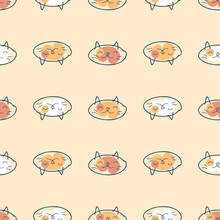 Hand Drawn Seamless Pattern With Happy Cats Faces. Simple Animalistic Background For Any Purposes. Doodle Vector Illustration.