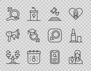Set line Gender equality, Feminist activist, Female rights, Calendar with 8 March, gender, Teacher, Dating app and Lipstick icon. Vector